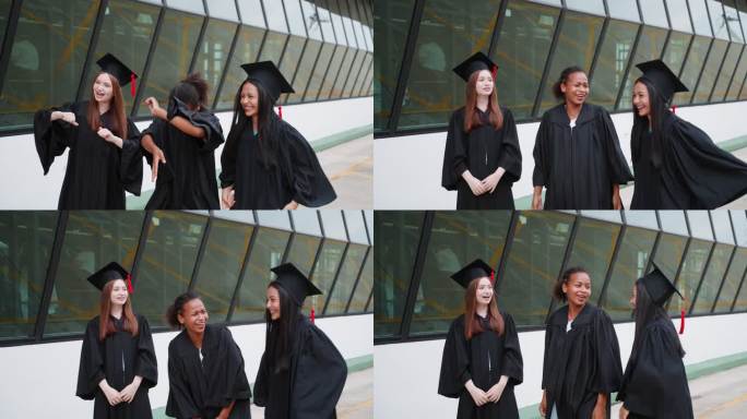 一群不同类型的少女学生在校园里一起庆祝毕业