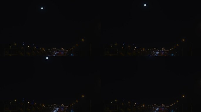 夜空圆月亮+车流延时
