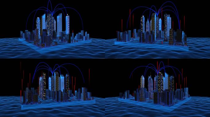 3D粒子波浪夜景楼房三维沙盘蓝色科技