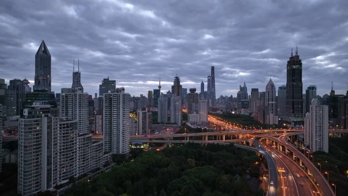 上海城市高架城市天际线夜景航拍