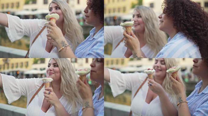 两个女人正在吃自拍和冰淇淋