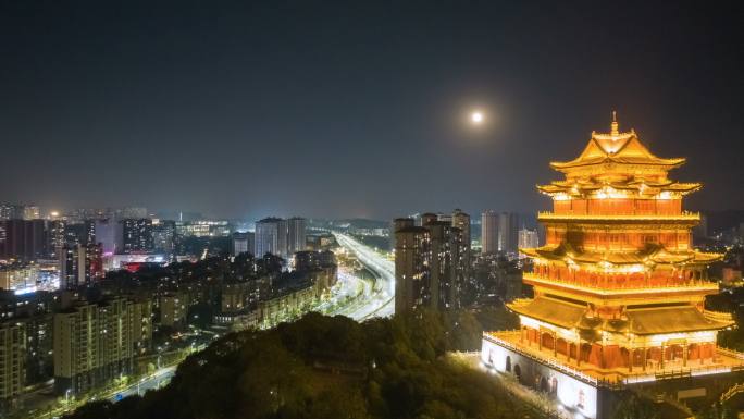 九江德化楼特写及城市快速路夜晚航拍延时