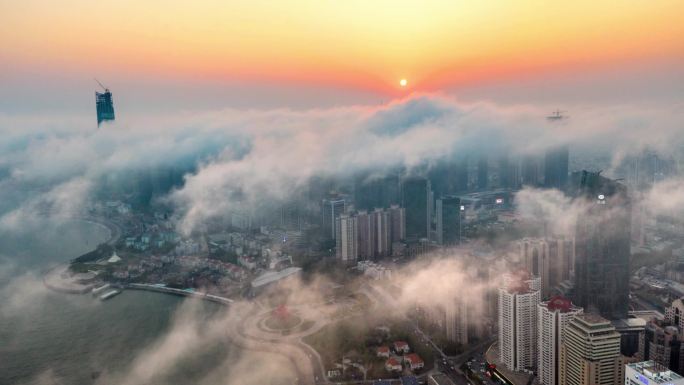 青岛城市都市市中心平流雾延时航拍