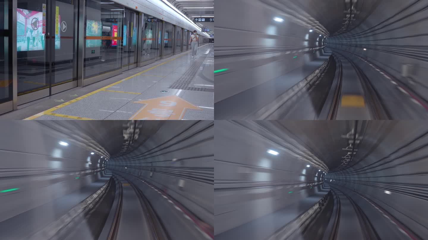 一个人走在地铁站台地铁隧道穿梭4K60P