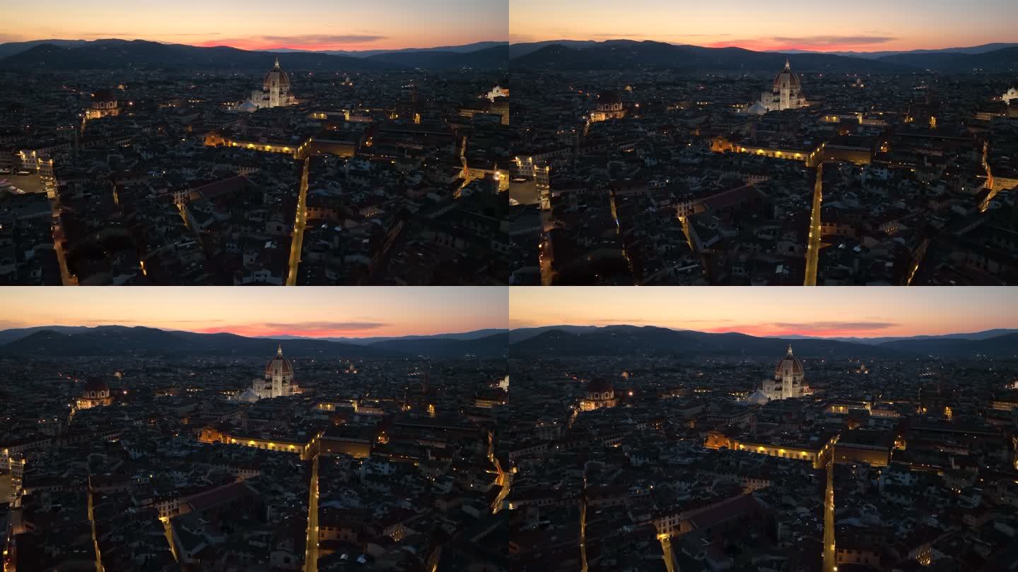 意大利佛罗伦萨费伦泽古城和大教堂广场的空中无人机日出场景视图。著名的佛罗伦萨大教堂圣玛利亚教堂