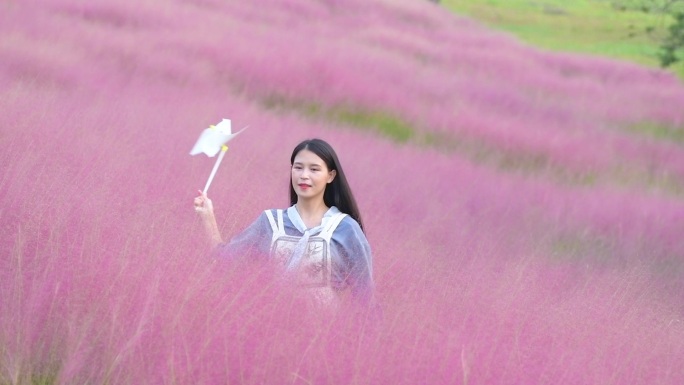 1080升格粉黛乱子草花海中的少女