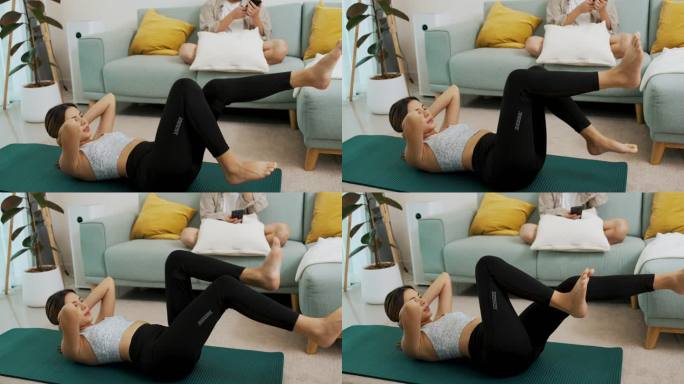 健康人的休闲活动女人美女居家锻炼瑜伽垫健