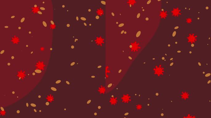 抽象背景，黑色背景上漂浮着红色病毒分子，有一个用于药物连接设计的复制空间