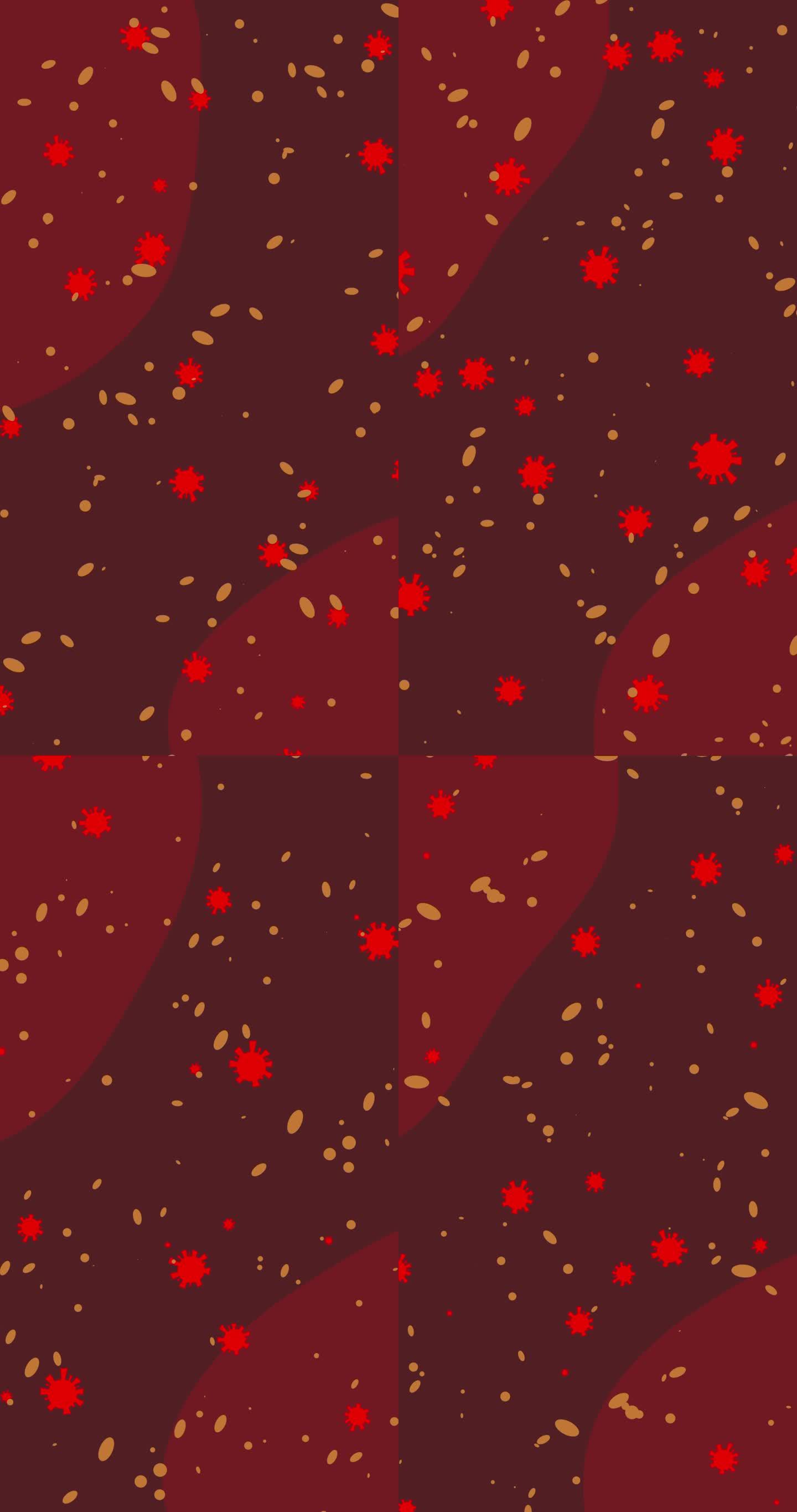 抽象背景，黑色背景上漂浮着红色病毒分子，有一个用于药物连接设计的复制空间