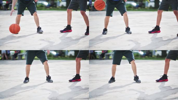 低段Z代亚洲中国青少年男孩在周末早上与朋友一起练习篮球比赛，挑战运动员并投篮