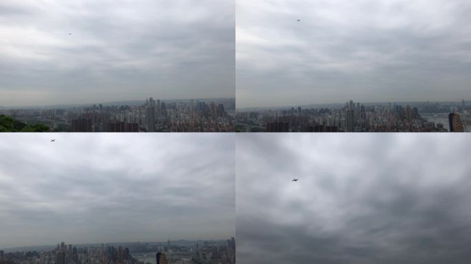 民航飞机飞过重庆城市上空