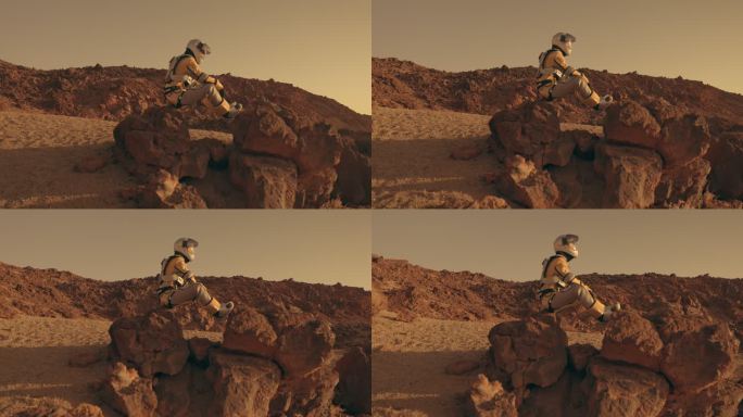 火星上的孤独。女宇航员探索锈色岩石。坐在岩石上