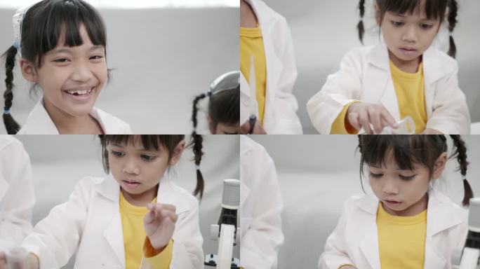 亚洲小女孩在学校进行科学实验的场景