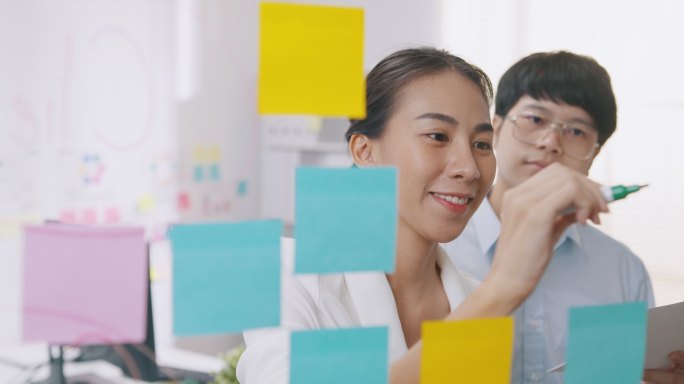 年轻的亚洲商人和女商人团队合作，穿着正式衬衫站在透明的白板前，参加头脑风暴会议，并在小型工作场所编写