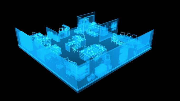 蓝色全息线框三维办公室素材带通道