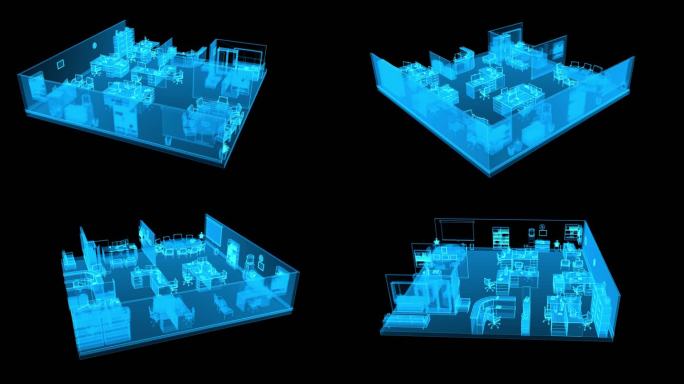 蓝色全息线框三维办公室素材带通道