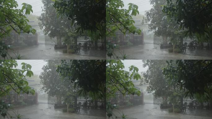 大雨淹没道路狂风大雨