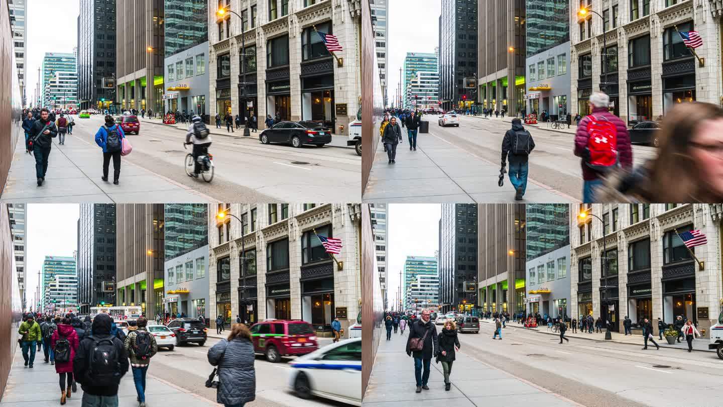 美国伊利诺伊州芝加哥市，在交通高峰期，行人在现代化建筑中穿行