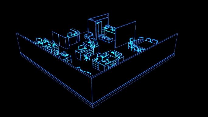 蓝色全息线框三维办公室素材带通道
