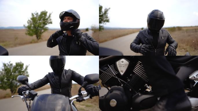 摩托车驾驶员戴上头盔并启动自行车