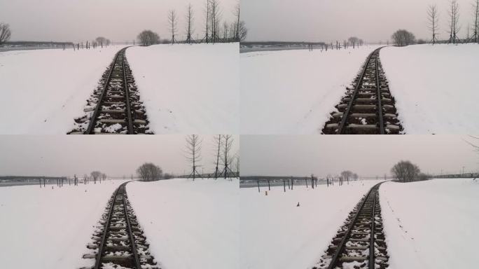 火车道轨道路远方延伸大雪寒冷冬季
