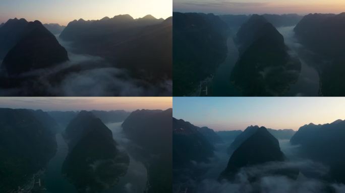 4K航拍河池东兰红水河第一湾清晨日照风光