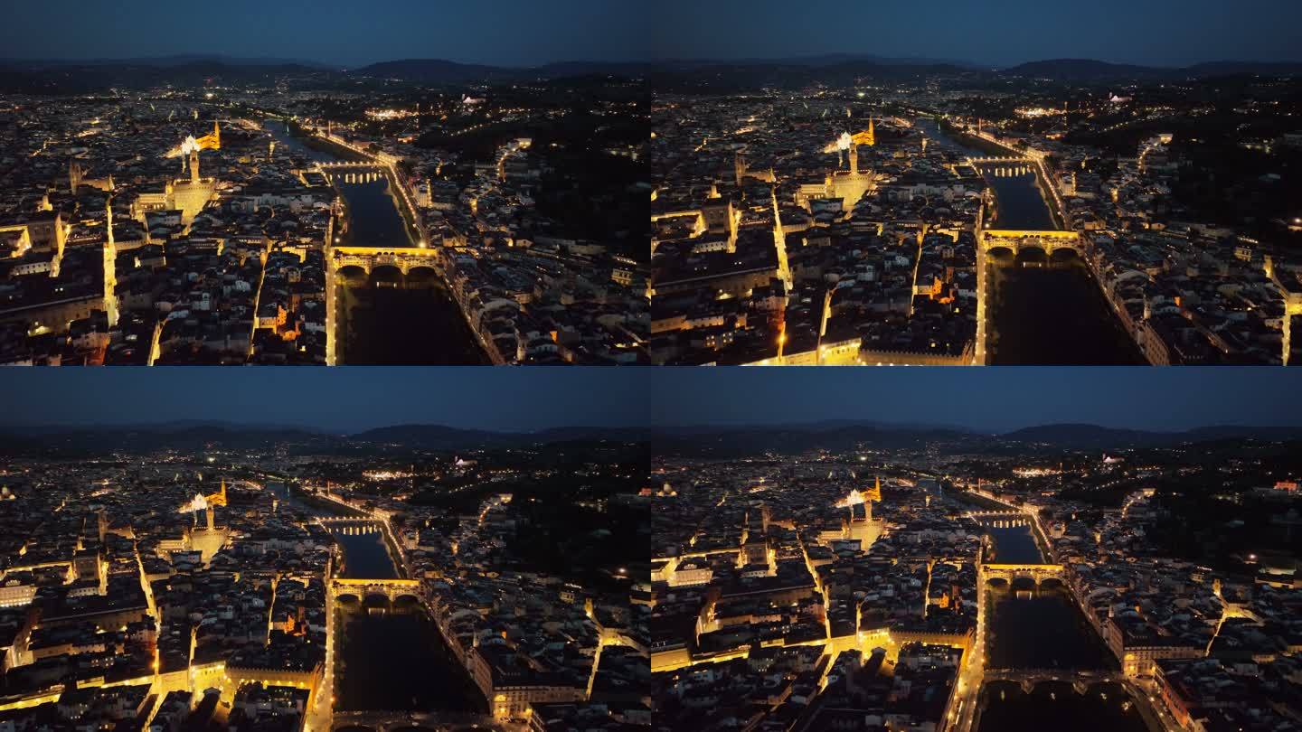 意大利佛罗伦萨费伦泽古城和大教堂广场的空中无人机日落场景视图。著名的佛罗伦萨大教堂圣玛利亚教堂