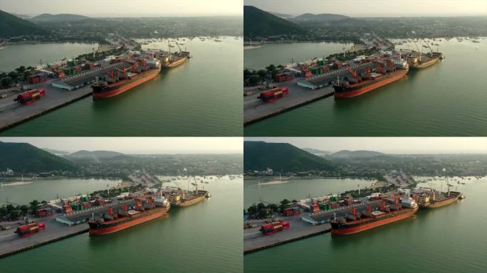 TL：拖船将大型货船驶入码头无人机鸟瞰图