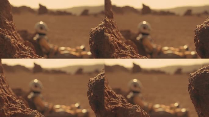火星上的孤独。女宇航员探索锈色沙漠。坐在岩石上