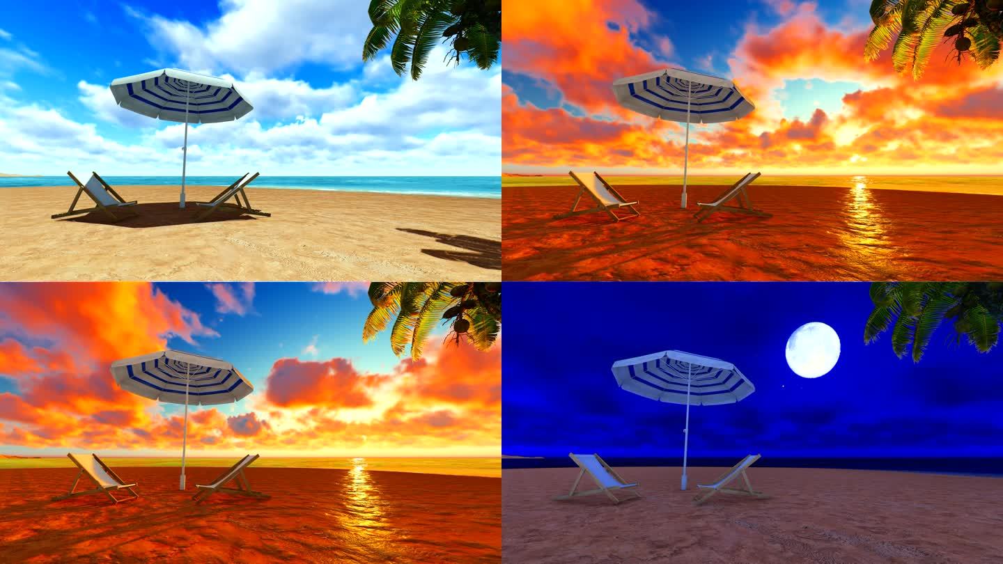 海浪椰树沙滩遮阳伞三维动画