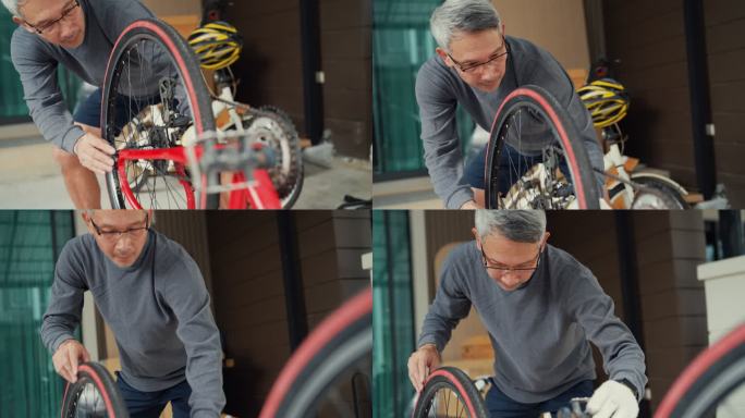 老人们在家里修理他的自行车。