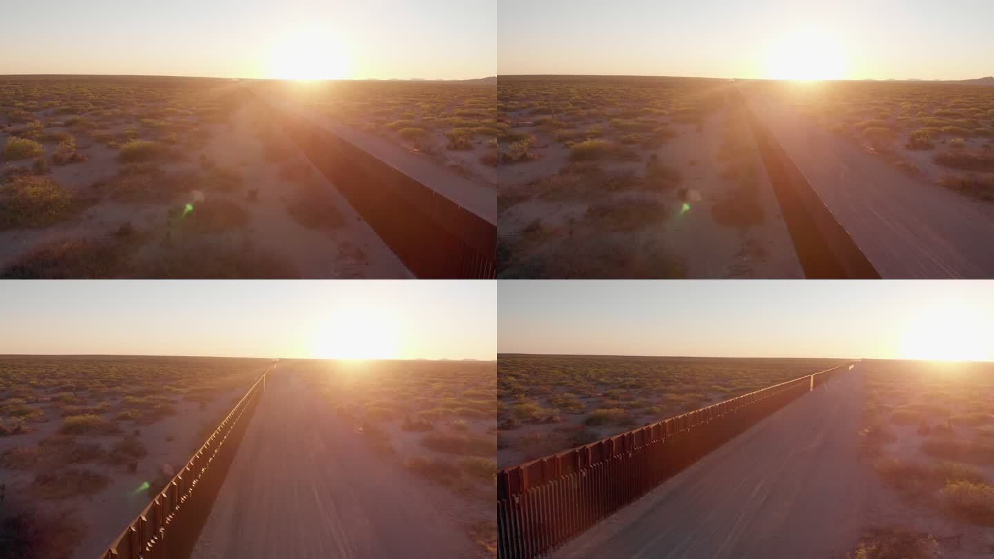 美国得克萨斯州埃尔帕索市和墨西哥华雷斯市的边界墙全景
