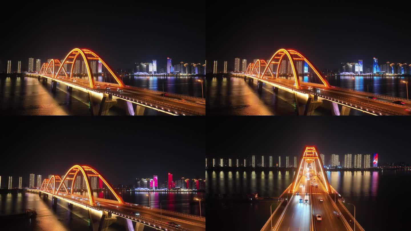 湖南长沙福元路大桥航拍延时夜晚