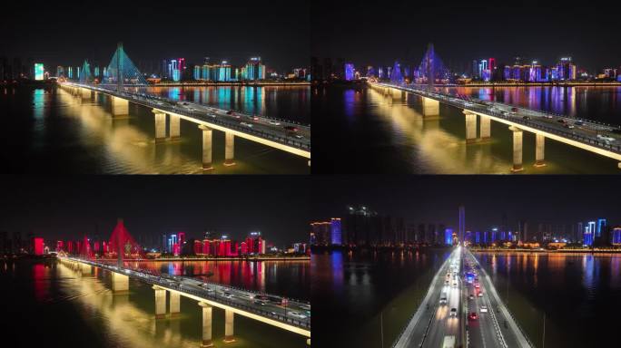 湖南长沙银盆岭大桥航拍延时夜