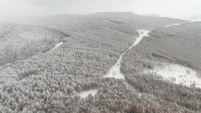 雪山森林雪景冰挂雾凇汽车越野车穿越雪地