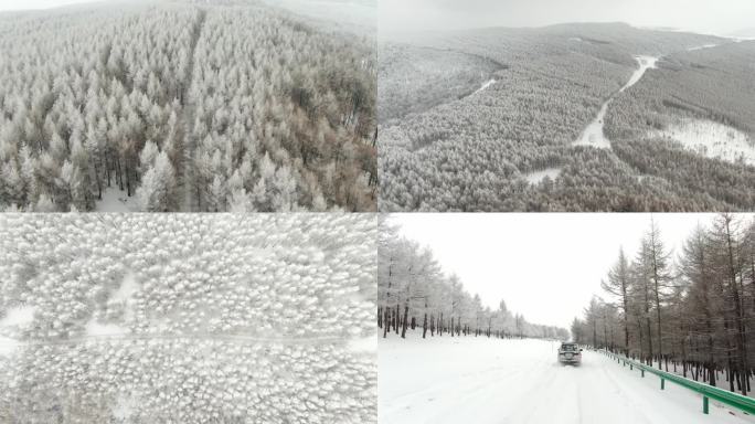 雪山森林雪景冰挂雾凇汽车越野车穿越雪地