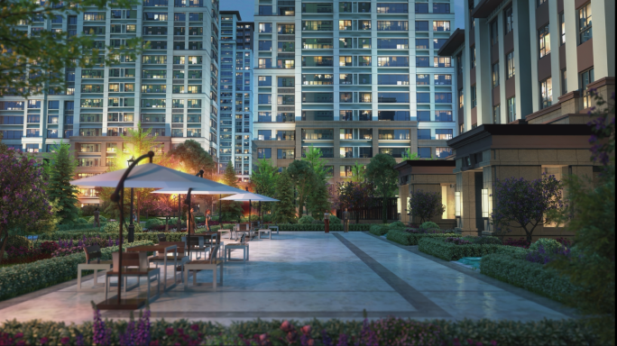 高端住宅小区夜晚下班回家情景，月色夜归人