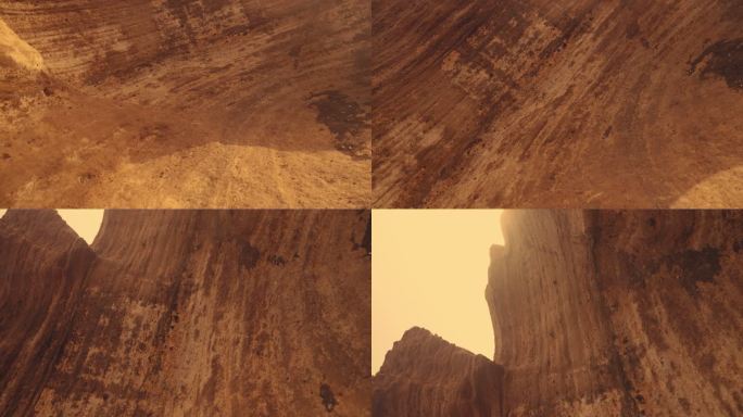 火星环境与沙漠气候。山上笼罩着黄色的雾。岩石特写