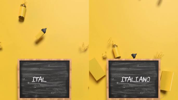 垂直返回学校的意大利语意大利语语言概念，在4K分辨率的黄色背景黑板后面放置黄色学校设备