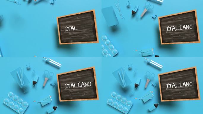返校意大利语意大利语语言概念，在蓝色背景上以4K分辨率显示黑板的蓝色学校设备侧