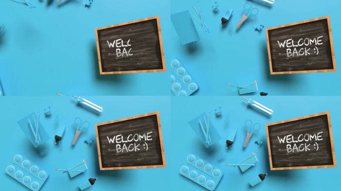 欢迎回到学校概念，使用4K分辨率的蓝色背景黑板的蓝色学校设备侧