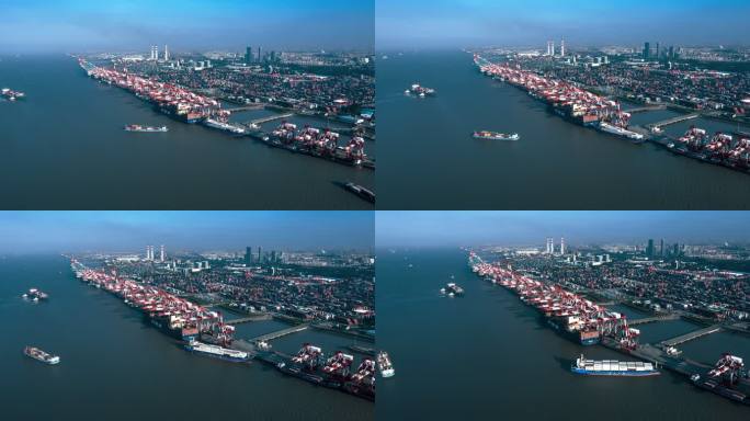 时间推移，上海集装箱码头鸟瞰图