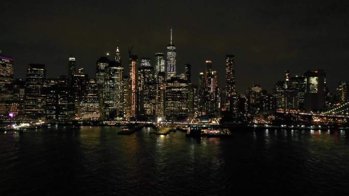 纽约曼哈顿岛城市夜晚航拍