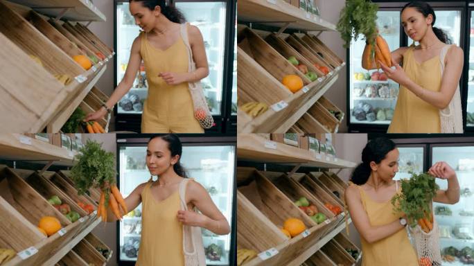 一位素食主义妇女周末在超市买水果和蔬菜。健康的女性在当地市场购买有机食品。一位年轻女士在商店购买新鲜
