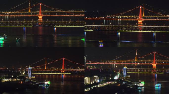 武汉杨泗港鹦鹉洲长江大桥三桥同框夜景长焦
