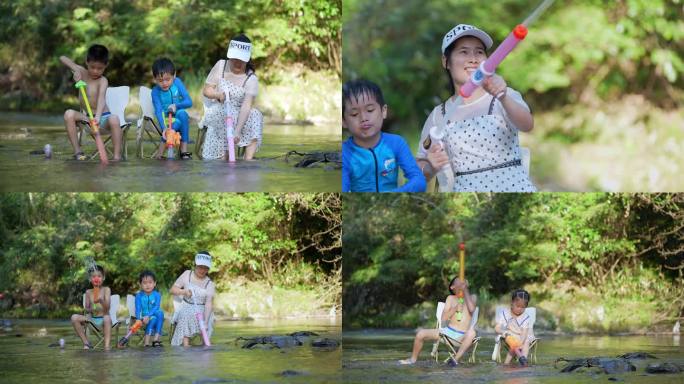 夏日溯溪玩水亲子户外孩子嬉水