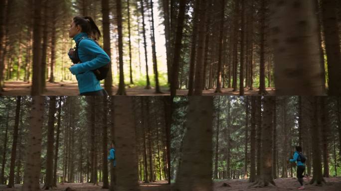 在森林里，女子越野跑选手
