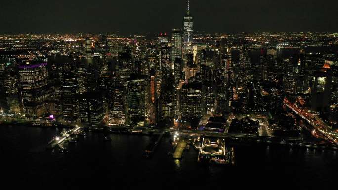 纽约曼哈顿岛城市夜晚航拍