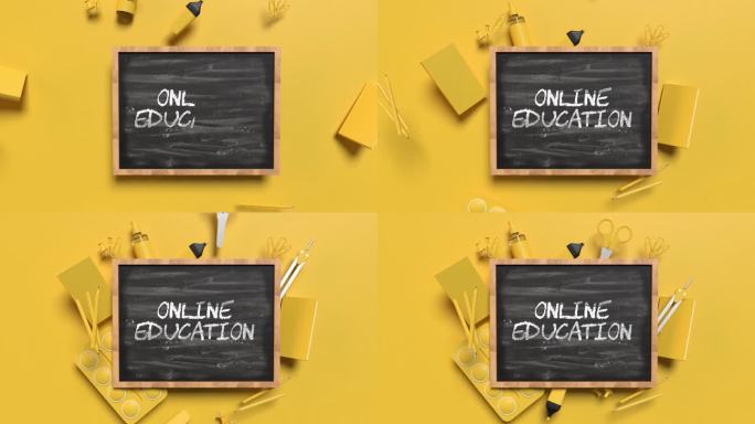 返回学校在线教育概念，在4K分辨率的黄色背景下黑板后面放置黄色学校设备