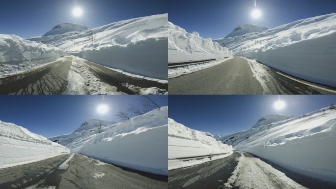 POV汽车在雪地里行驶：山口